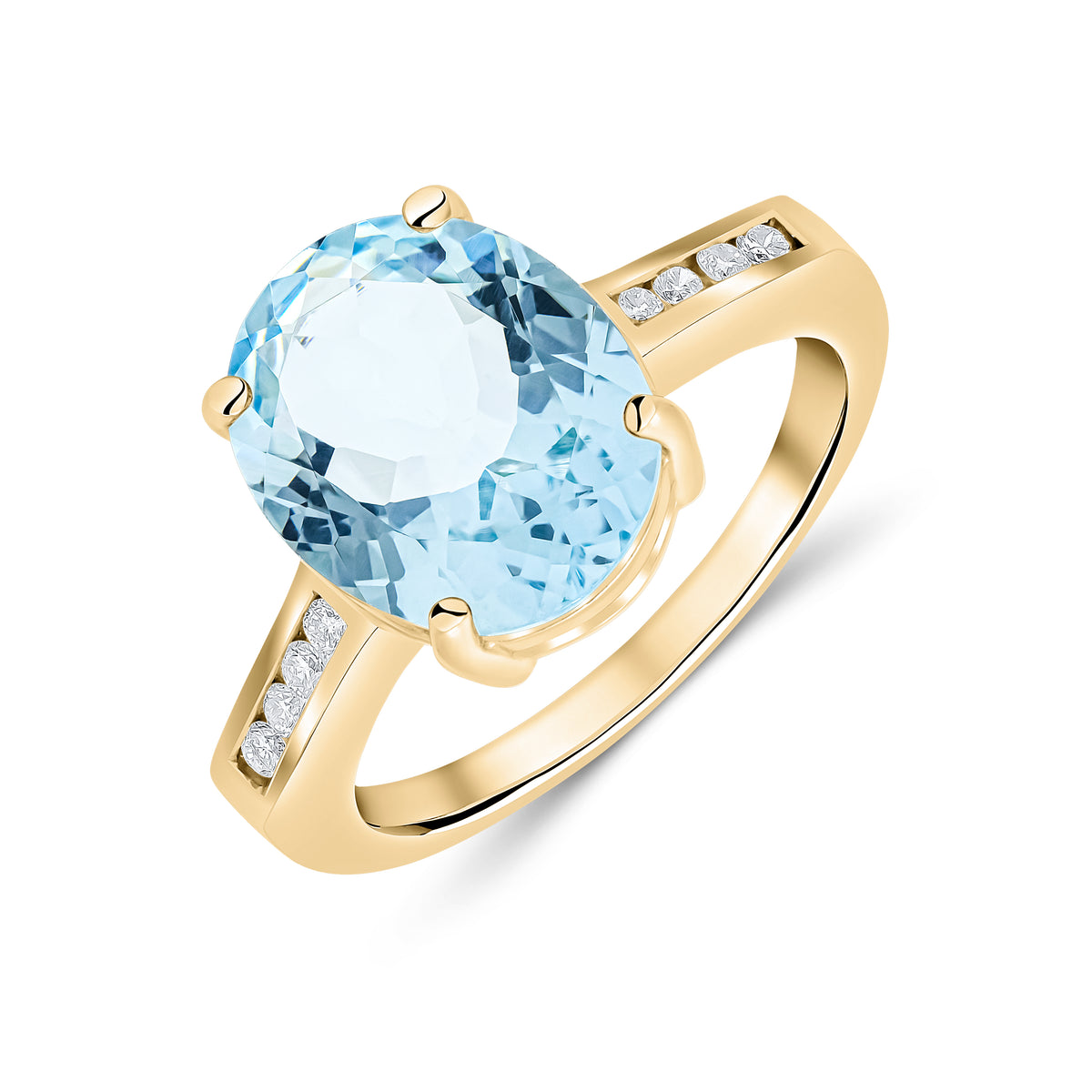 9CT YG 12X10MM CLAW SET OVAL AQUA SINGLE STONE RING WITH CHANNEL SET DIAMOND SHOULDERS
