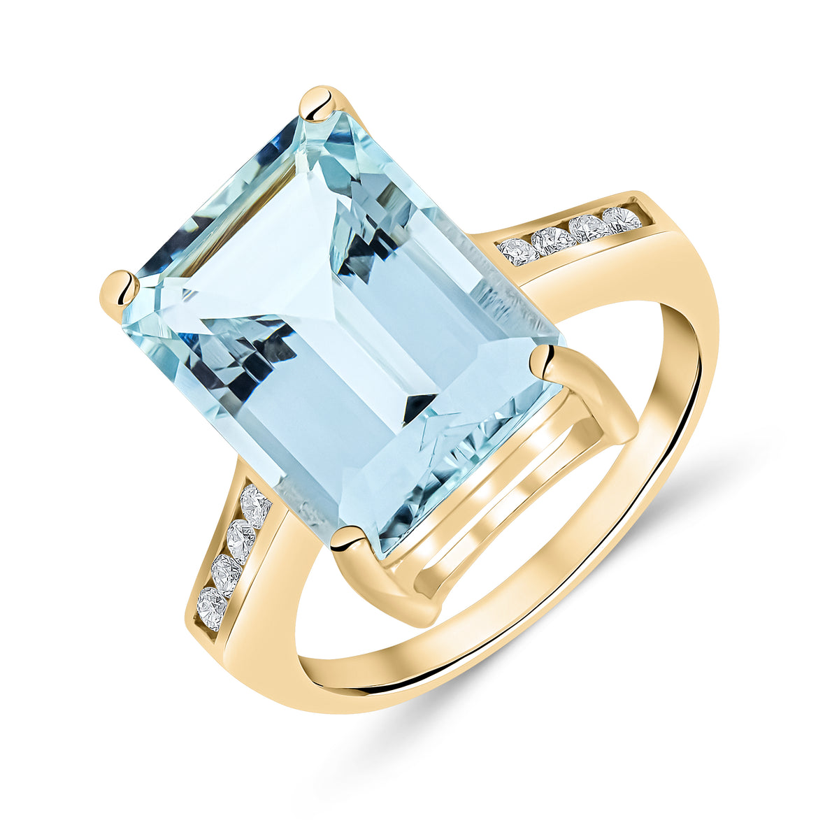 9CT YG CLAW SET 14X10 OCTAGON AQUA SINGLE STONE RING WITH ROUND DIAMOND CHANNEL SET SHOULDERS* currently unavailable to order due to stone sourcing *