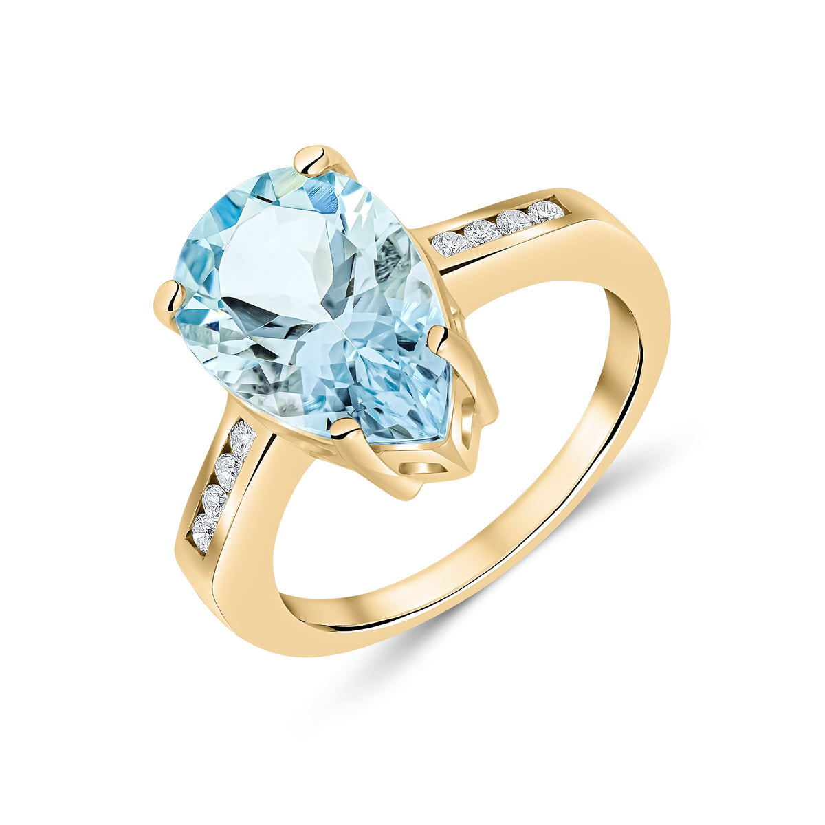 9CT YG 14X9 PEARSHAPE AQUA SINGLE STONE RING WITH CHANNEL SET DIAMOND SHOULDERS