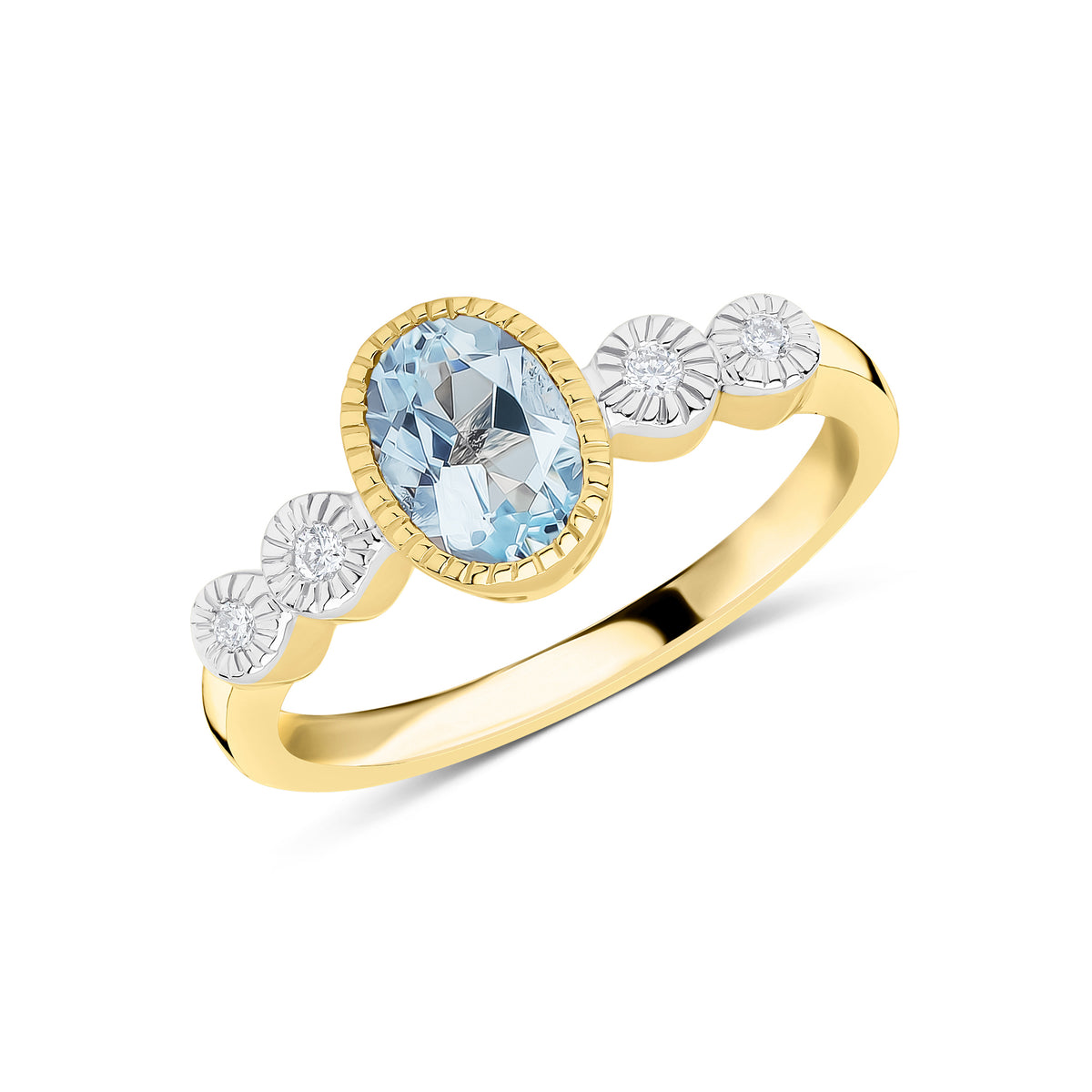 9CT YG 7X5 OVAL AQUA & DIAMOND 2ST SHOULDERS MILLEGRAIN SET RING. RHODIUM TO DIAMONDS