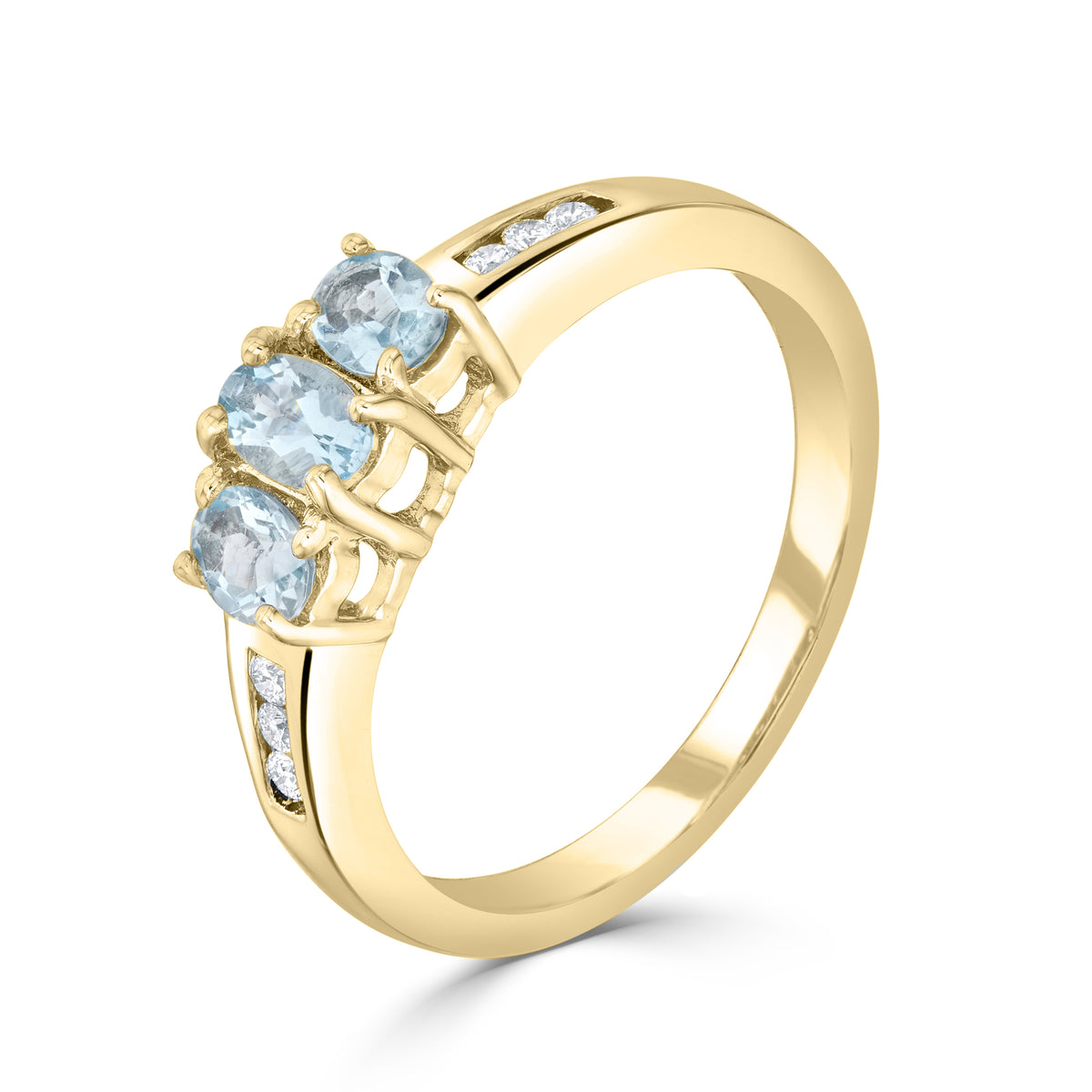9CT YG OVAL AQUAMARINE CLAW 3 STONE & CHANNEL SET DIAMOND RING