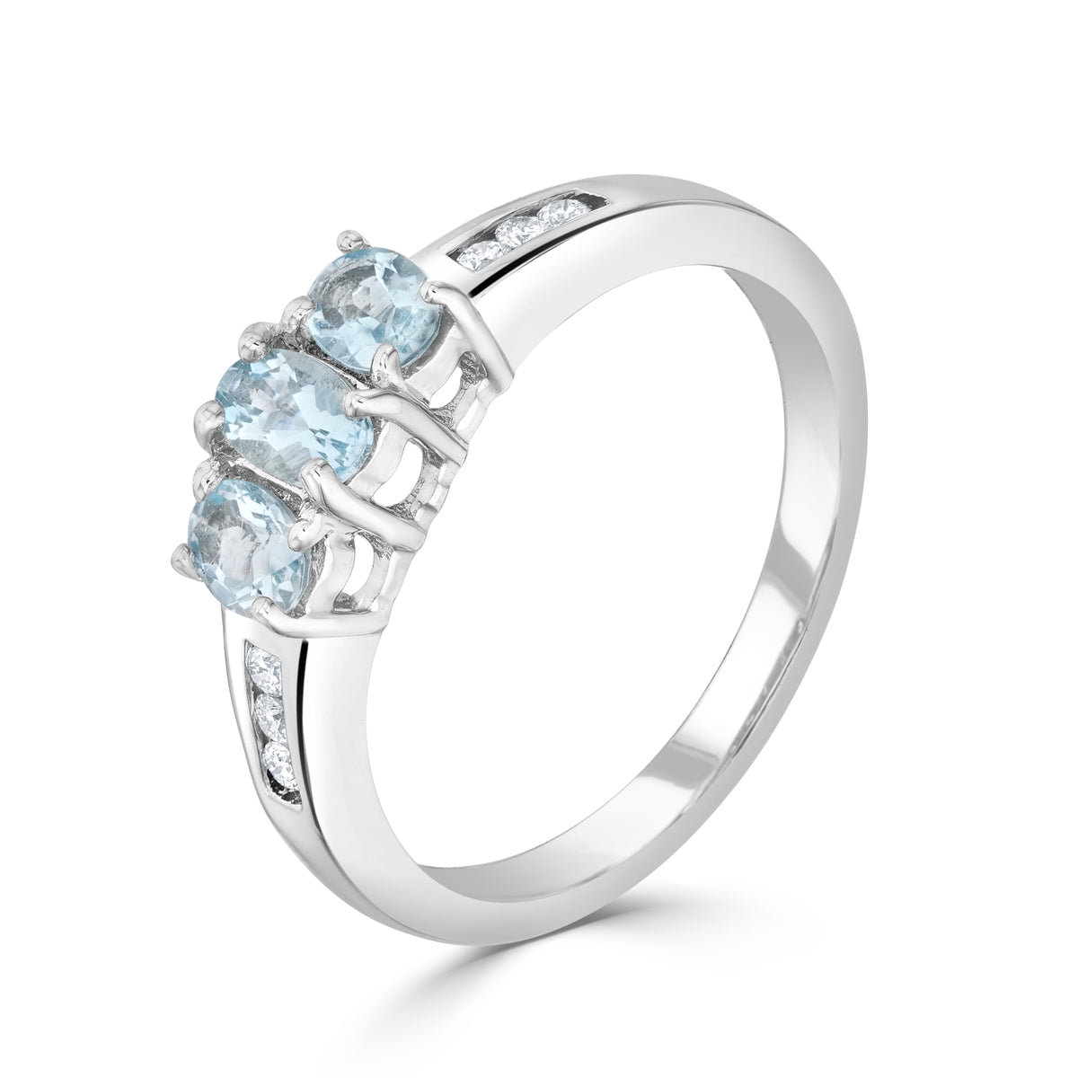 9CT WG OVAL AQUAMARINE CLAW 3 STONE & CHANNEL SET DIAMOND RING