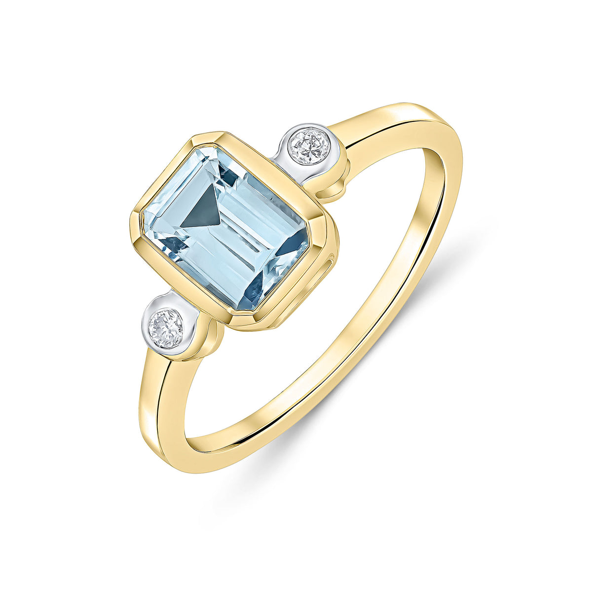 9CT YG 7X5 OCTAGON AQUAMARINE & DIAMOND 3 STONE RING. RHODIUM TO DIAMONDS