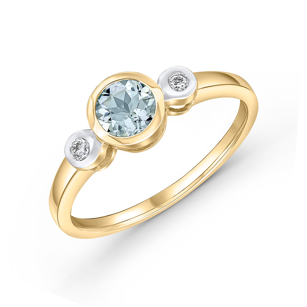 9CT YG 5MM ROUND AQUA AND ROUND DIAMOND 3ST RUBOVER RING. RHODIUM TO DIAMONDS
