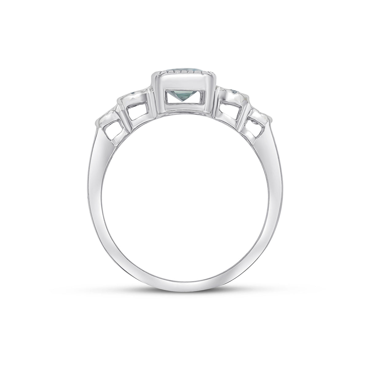 9CT WHITE GOLD MILLEGRAIN OCTAGON AQUA AND ILLUSION DIAMOND 4ST SHOULDERS RING