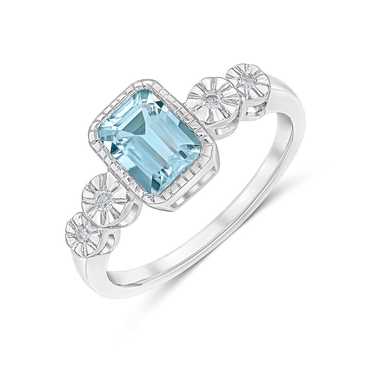 9CT WHITE GOLD MILLEGRAIN OCTAGON AQUA AND ILLUSION DIAMOND 4ST SHOULDERS RING