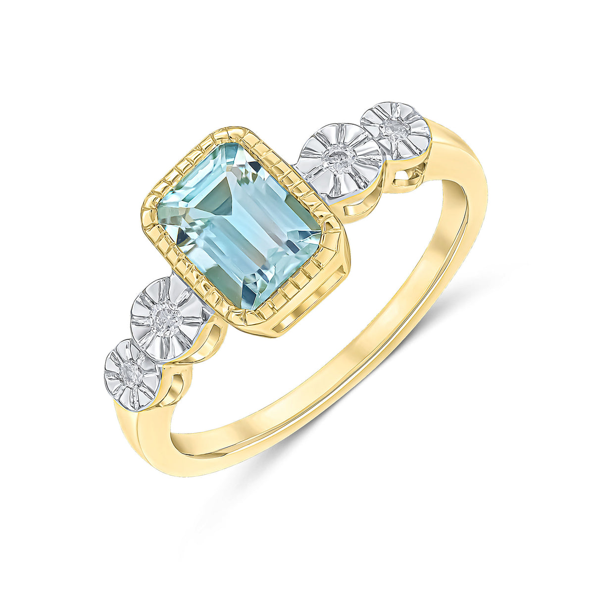 9CT YELLOW GOLD MILLEGRAIN OCTAGON AQUA AND ILLUSION DIAMOND 4ST SHOULDERS RING