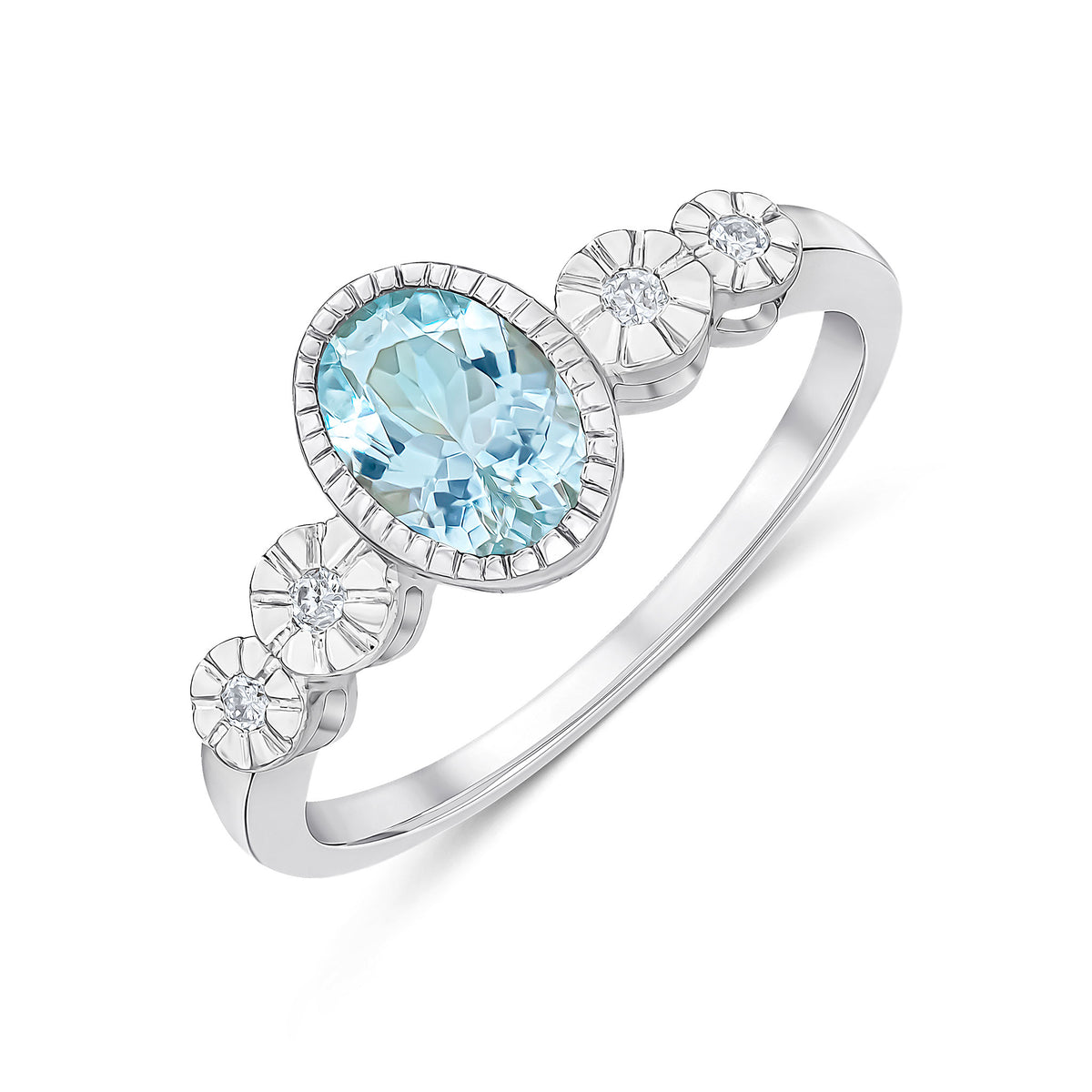 9CT WHITE GOLD MILLEGRAIN OVAL AQUA AND ILLUSION DIAMOND 4ST SHOULDERS RING