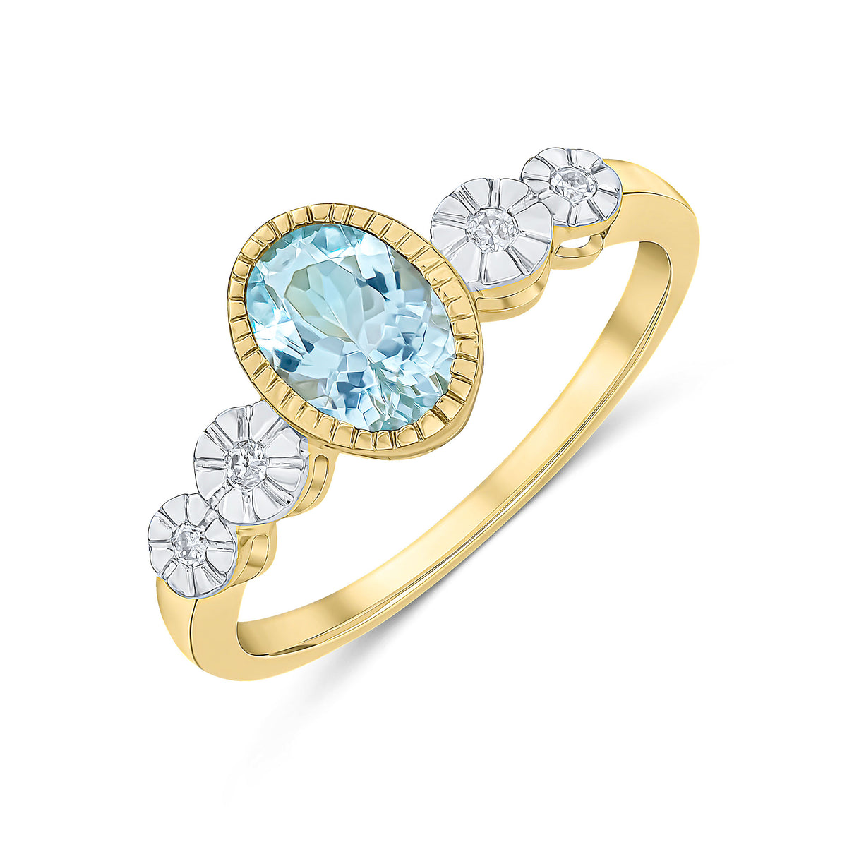9CT YELLOW GOLD MILLEGRAIN OVAL AQUA AND ILLUSION DIAMOND 4ST SHOULDERS RING