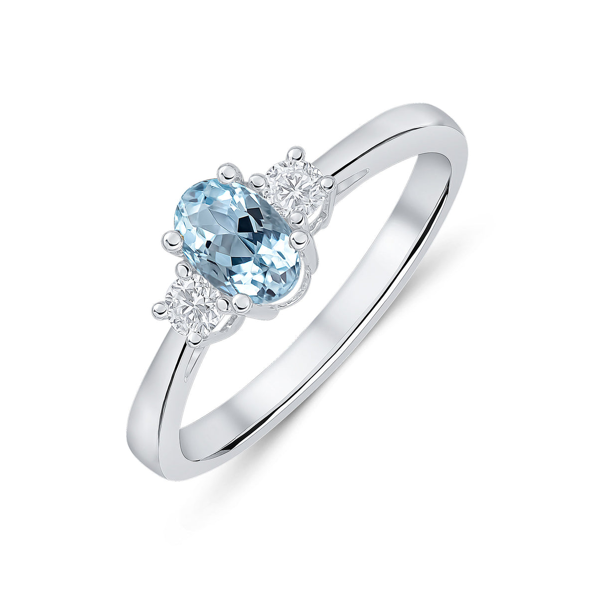 9CT WG 6X4 OVAL AQUA AND ROUND DIAMOND CLAW SET 3ST RING