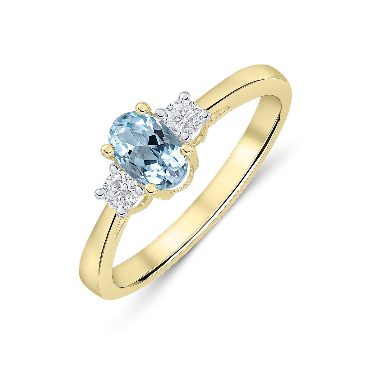 9CT YG 6X4 OVAL AQUA AND ROUND DIAMOND CLAW SET 3ST RING. RHODIUM TO DIAMONDS