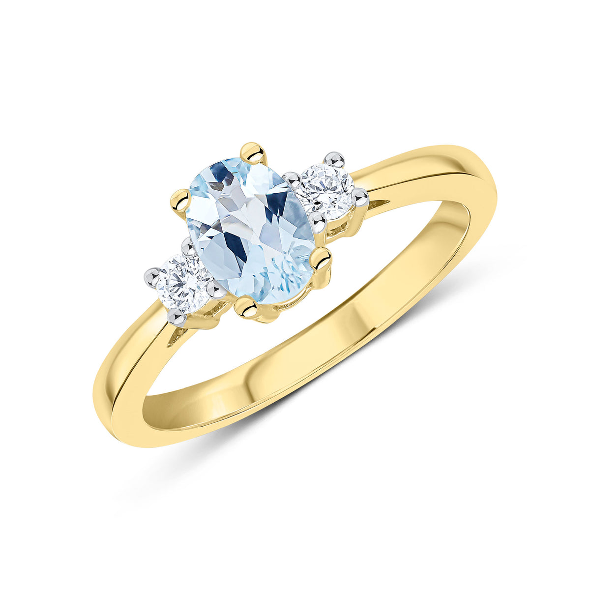 9CT YG 7X5 OVAL AQUA AND ROUND DIAMOND CLAW SET 3ST RING