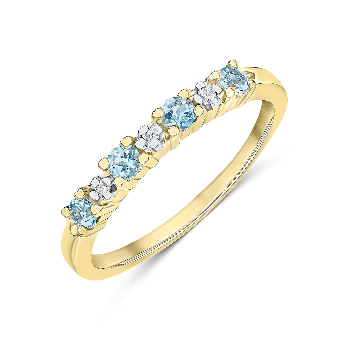 9CT YG ROUND AQUA & DIAMOND CLAW SET 7ST RING