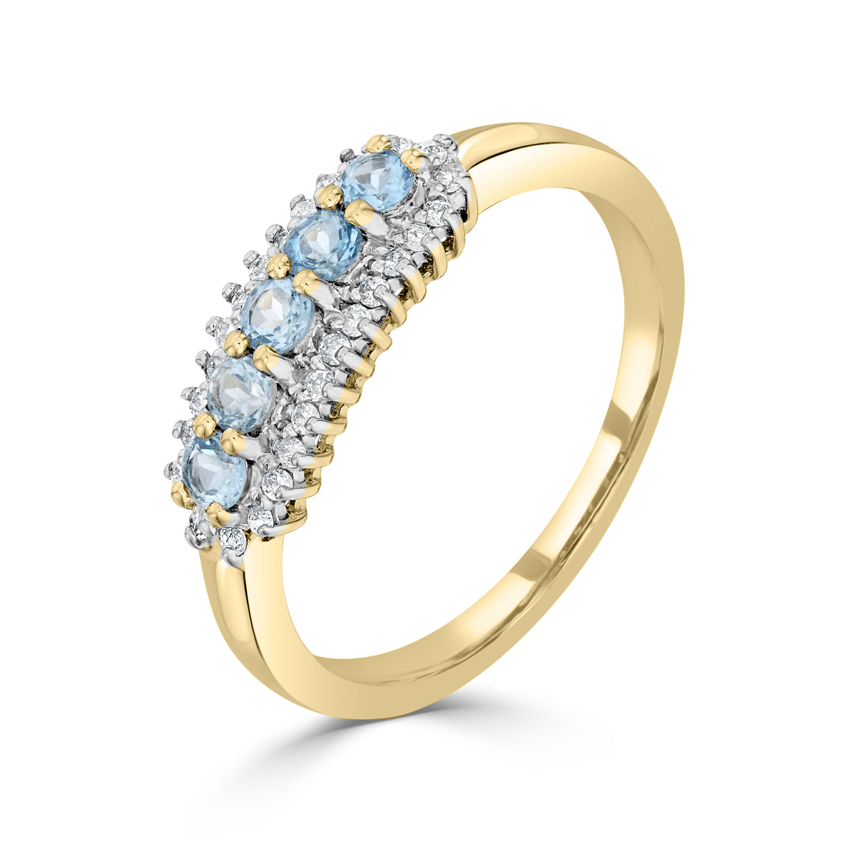 9CT YG ROUND AQUA AND ROUND DIAMOND 3 ROW CLAW SET BAND RING. RHODIUM TO DIAMONDS