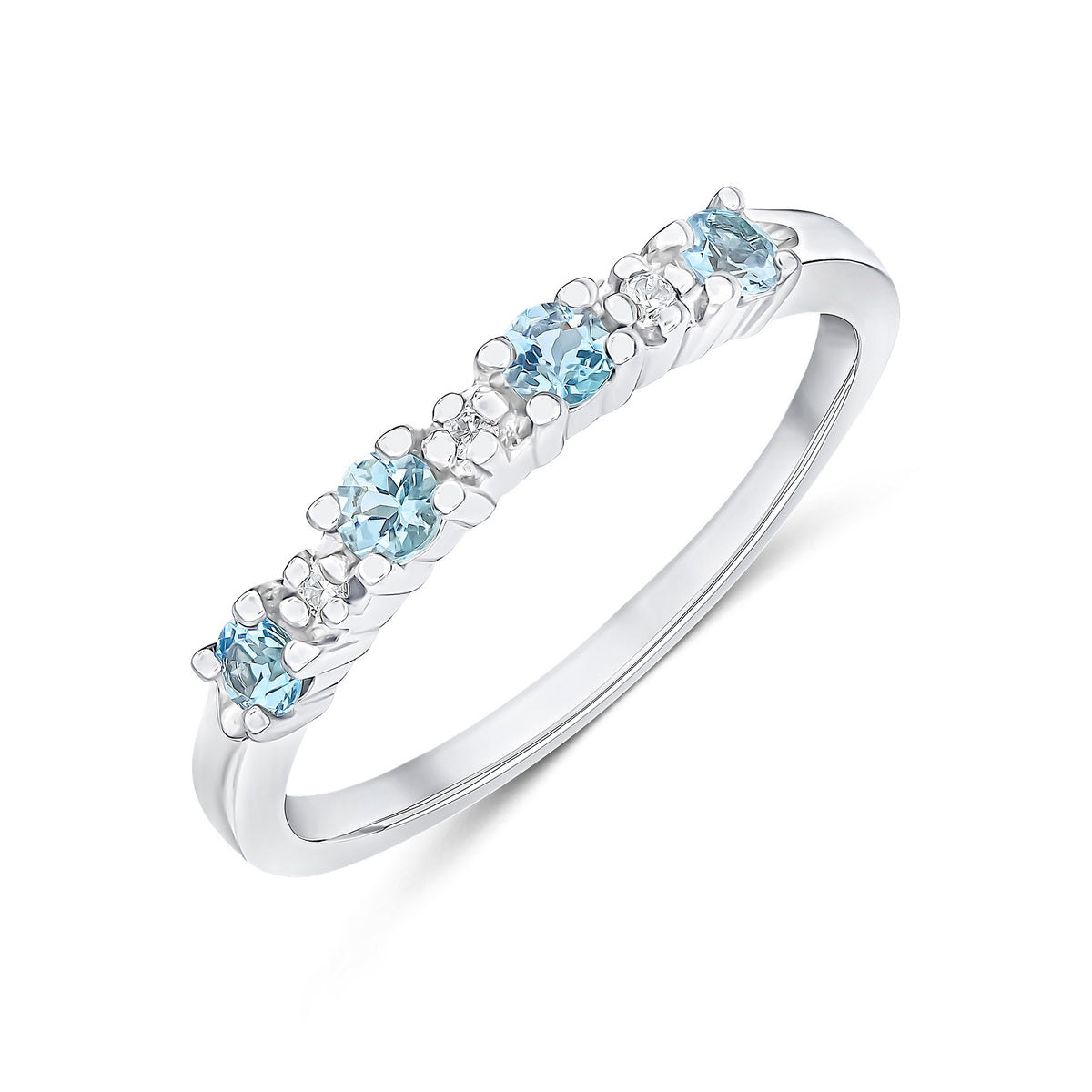 9CT WG ROUND AQUAMARINE & DIAMOND 7ST CLAW SET RING
