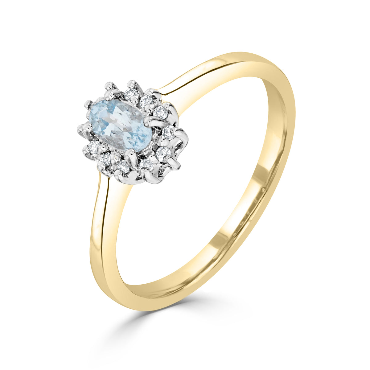 9CT YG OVAL AQUAMARINE & DIAMOND CLUSTER RING. RHODIUM TO DIAMONDS