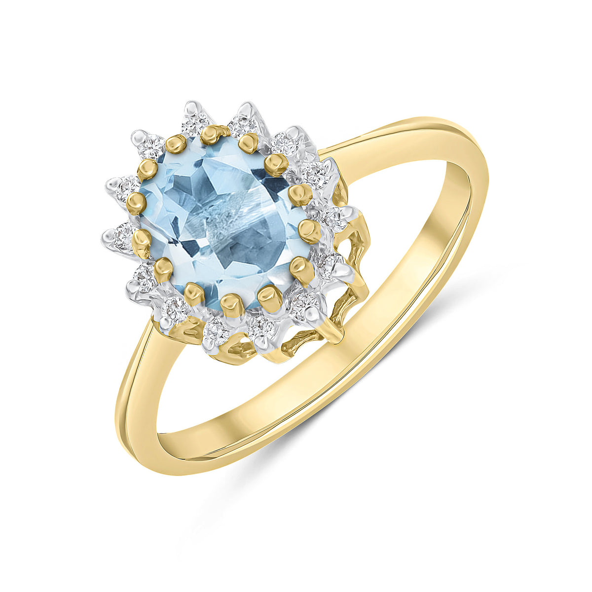 9CT YG 8X6 OVAL AQUA & DIAMOND CLAW SET CLUSTER RING. RHODIUM TO DIAMONDS