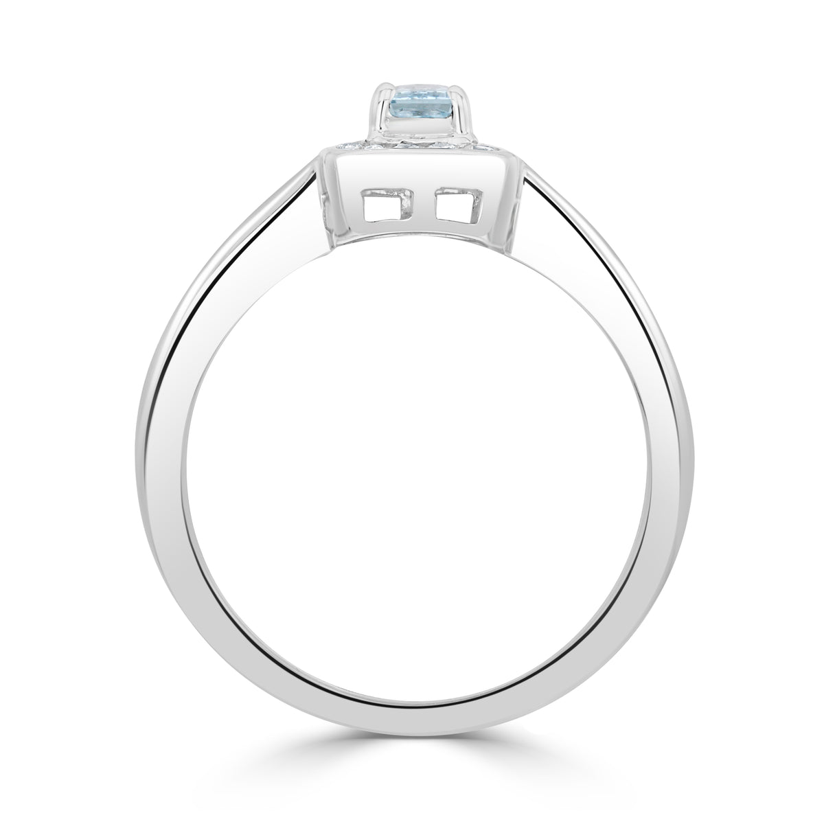 9CT WG CLAW SET 5X3 OCTAGON AQUA AND CHANNEL SET ROUND DIAMOND CLUSTER RING