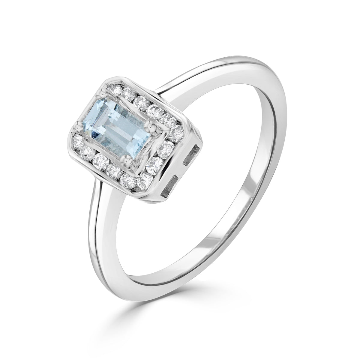 9CT WG CLAW SET 5X3 OCTAGON AQUA AND CHANNEL SET ROUND DIAMOND CLUSTER RING