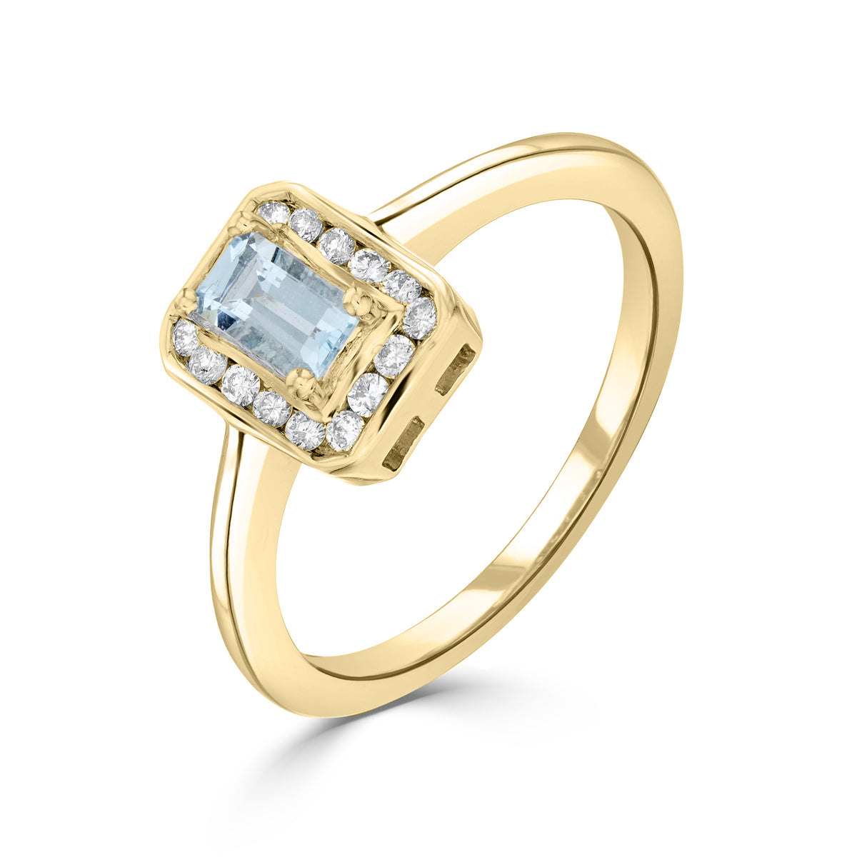 9CT YG CLAW SET 5X3 OCTAGON AQUA AND CHANNEL SET ROUND DIAMOND CLUSTER RING