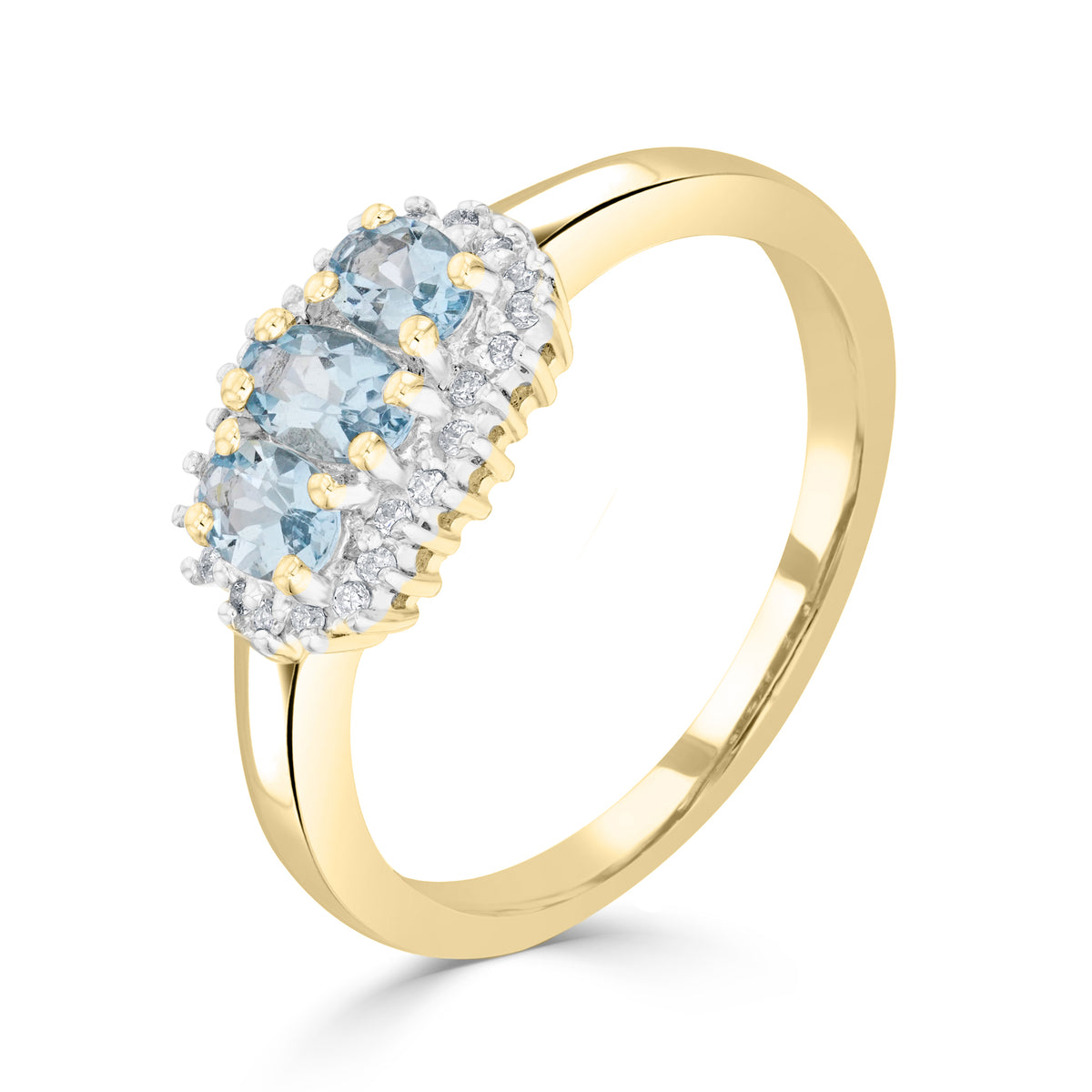 9CT YG OVAL AQUA AND DIAMOND TRIPLE CLUSTER RING. RHODIUM TO DIAMONDS