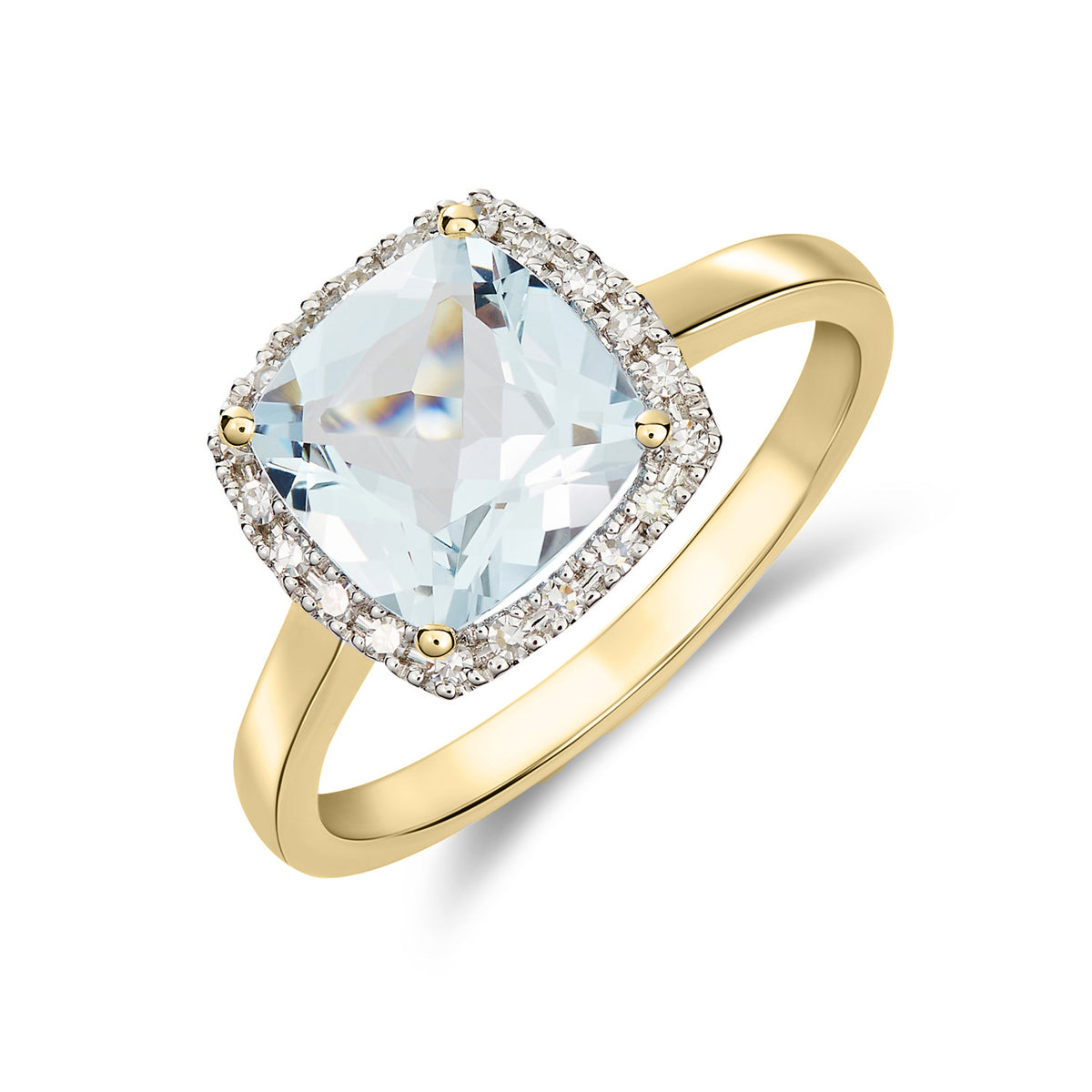 9CT YG 8MM CUSHION AQUAMARINE & DIAMOND CLUSTER RING. RHODIUM TO DIAMONDS