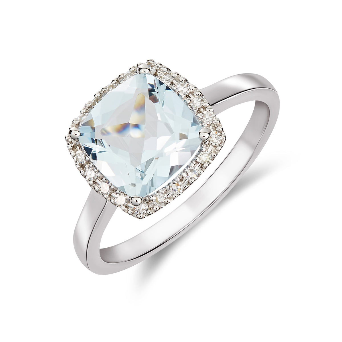 9CT WG 8MM CUSHION AQUA & ROUND DIAMOND CLAW CLUSTER RING