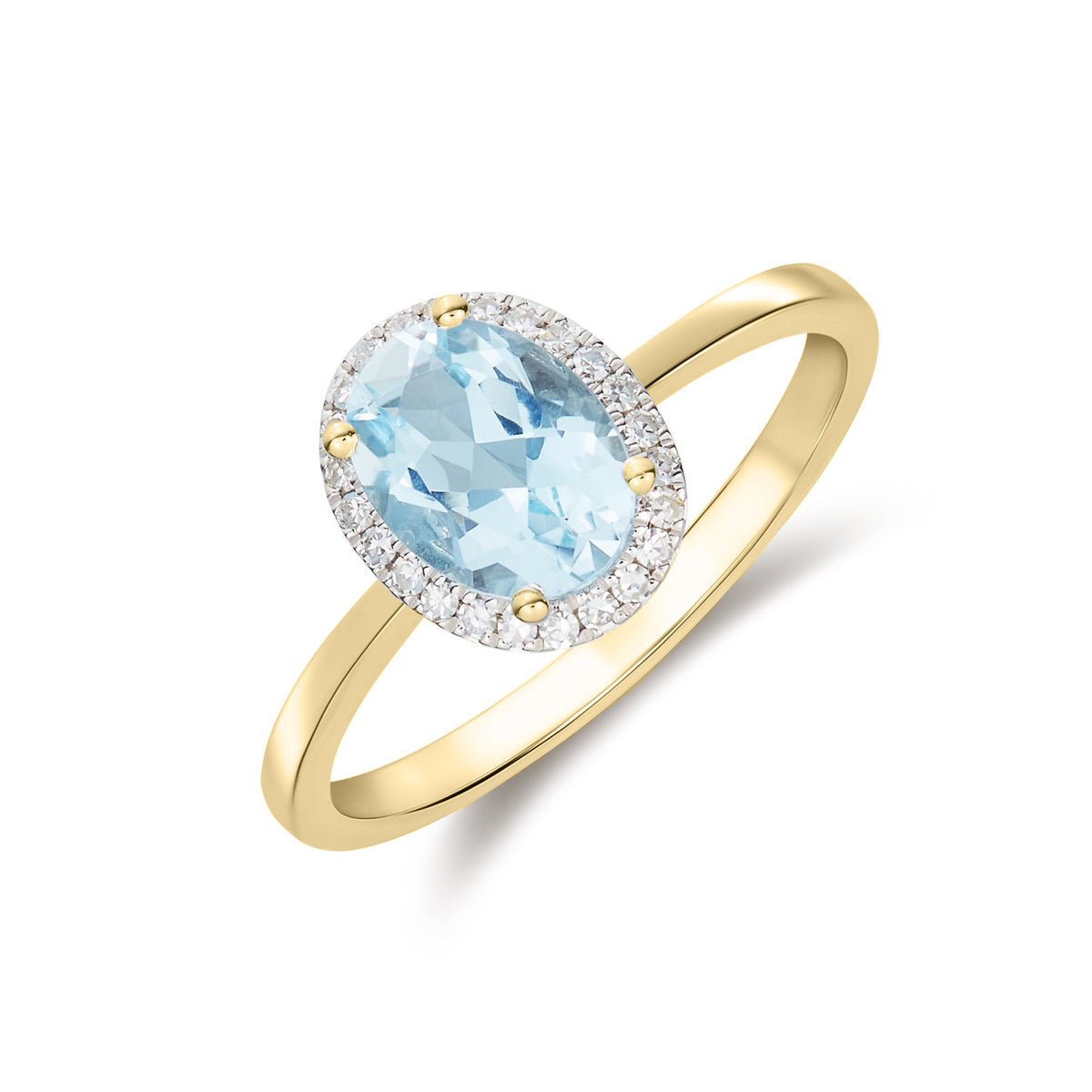 9CT YG 8X6 OVAL AQUAMARINE & DIAMOND CLAW SET CLUSTER RING. RHODIUM TO DIAMONDS
