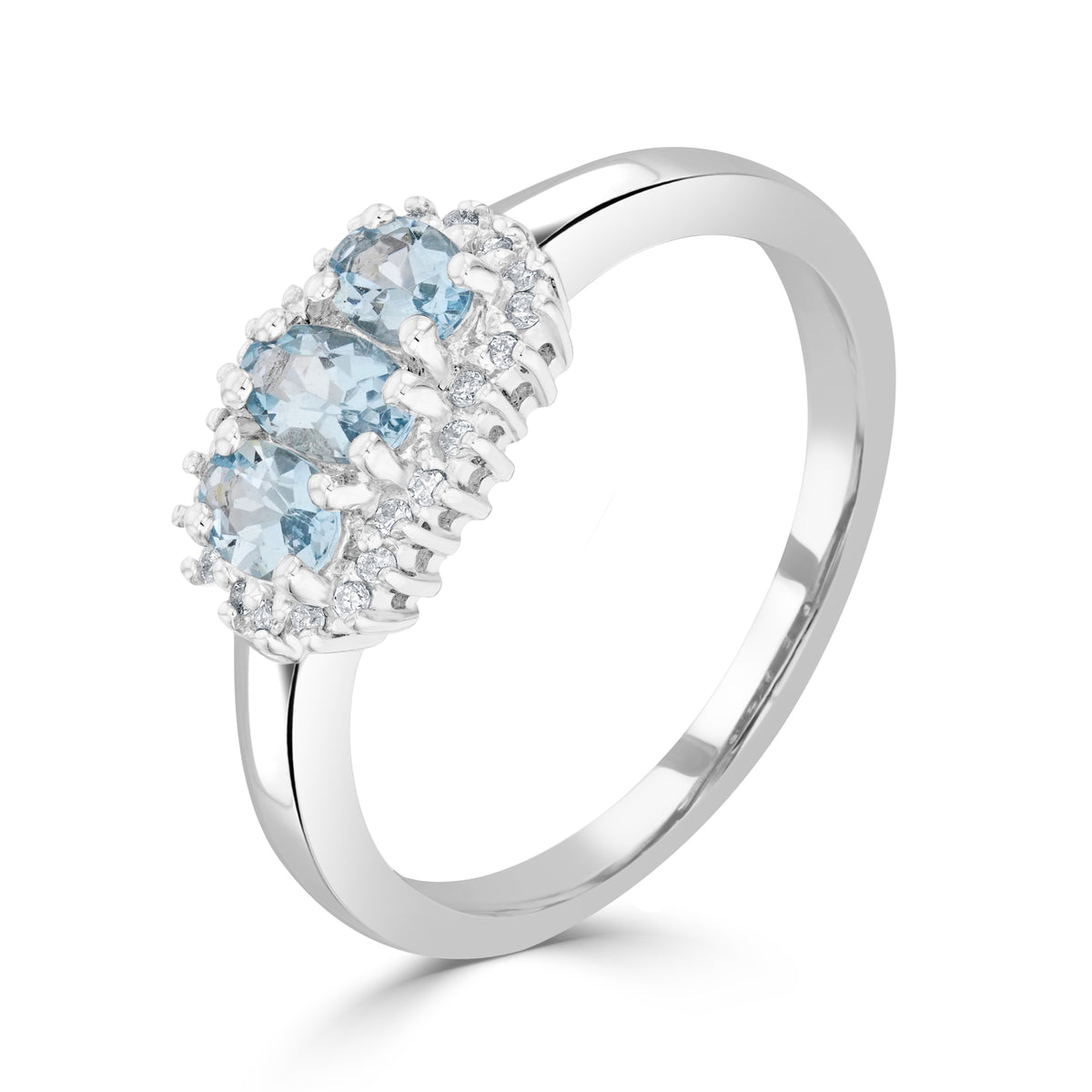 9CT WG OVAL AQUA & DIAMOND TRIPLE CLUSTER RING