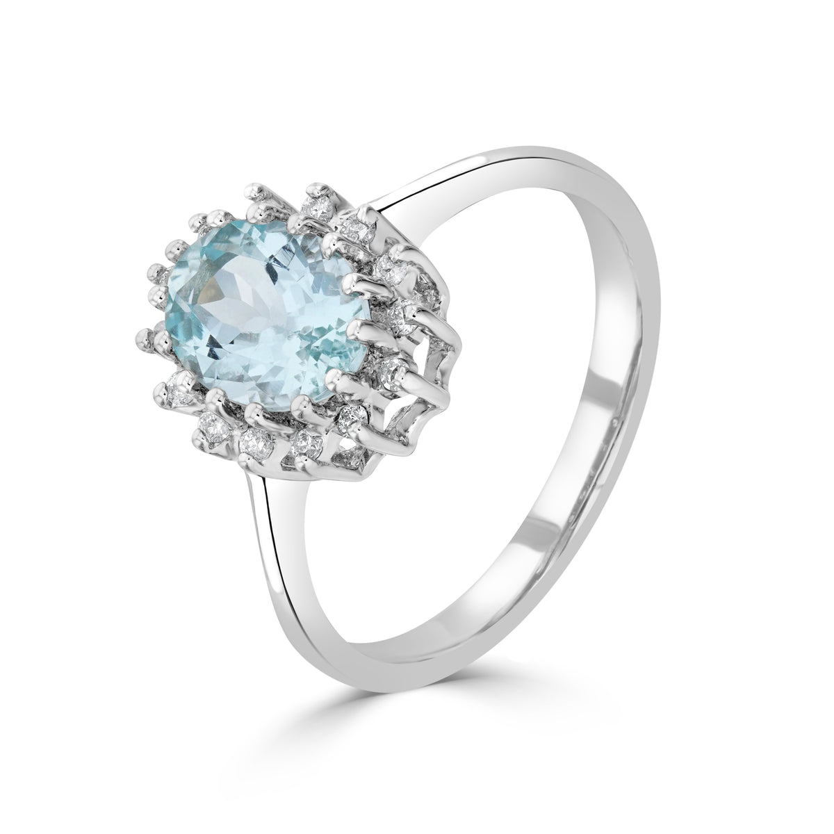 9CT WG 8X6 OVAL AQUAMARINE & DIAMOND CLAW SET CLUSTER RING