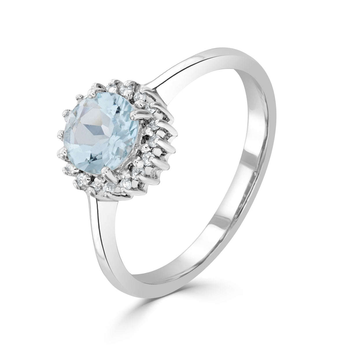 9CT WG 6MM ROUND AQUA & DIAMOND CLAW SET CLUSTER RING
