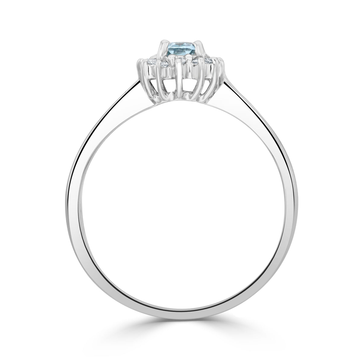 9CT WG 6X4 OVAL AQUA & DIAMOND CLAW SET CLUSTER RING