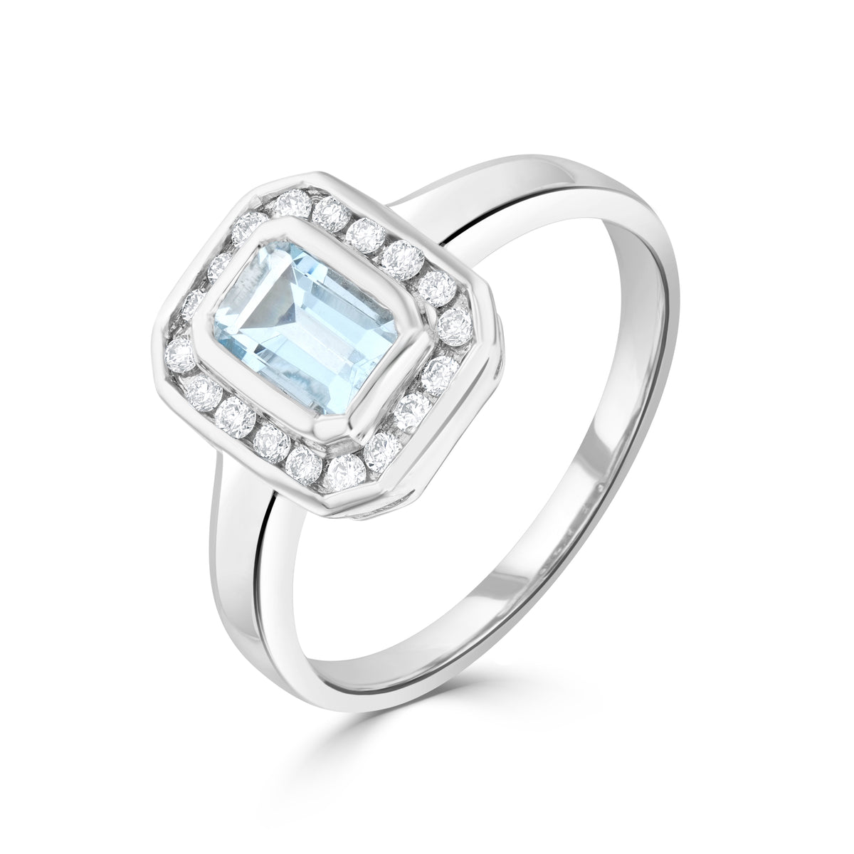 9CT WG RUBOVER 6X4 OCTAGON AQUA & CHANNEL SET DIAMOND CLUSTER RING