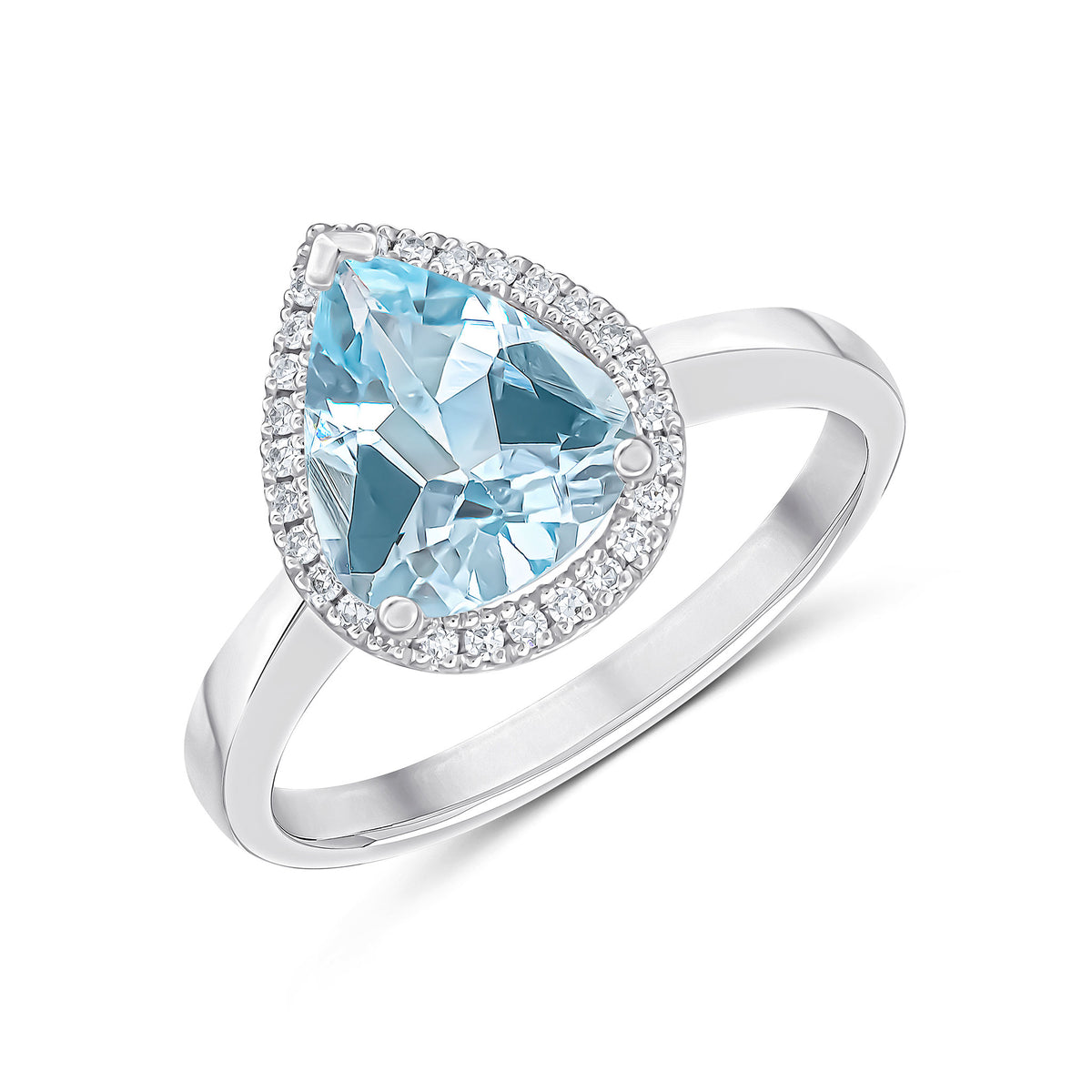 9CT WHITE GOLD PEAR AQUAMARINE & DIAMOND CLUSTER RING