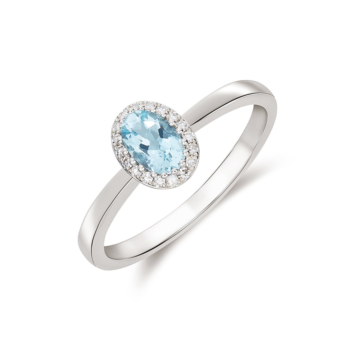 9CT WHITE GOLD OVAL AQUA AND DIAMOND CLAW CLUSTER RING