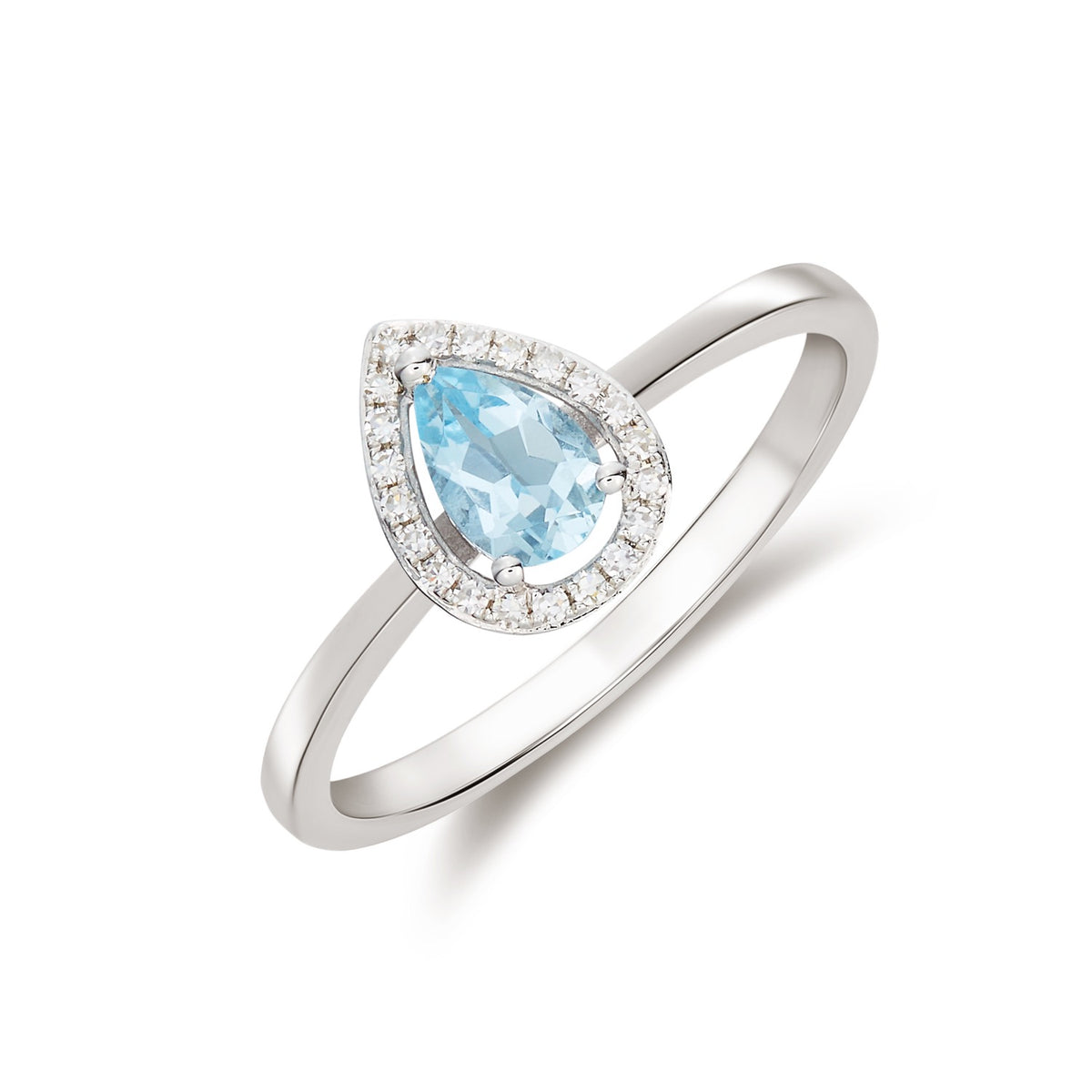 9CT WG 6X4 PEARSHAPE AQUA & DIAMOND HALO CLAW CLUSTER RING