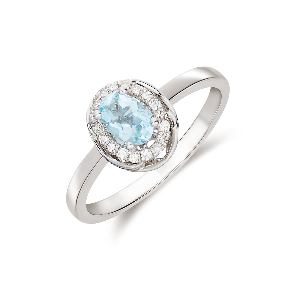 9CT WG 6X4 OVAL AQUA & DIAMOND CLUSTER RING WITH ROPE EDGE