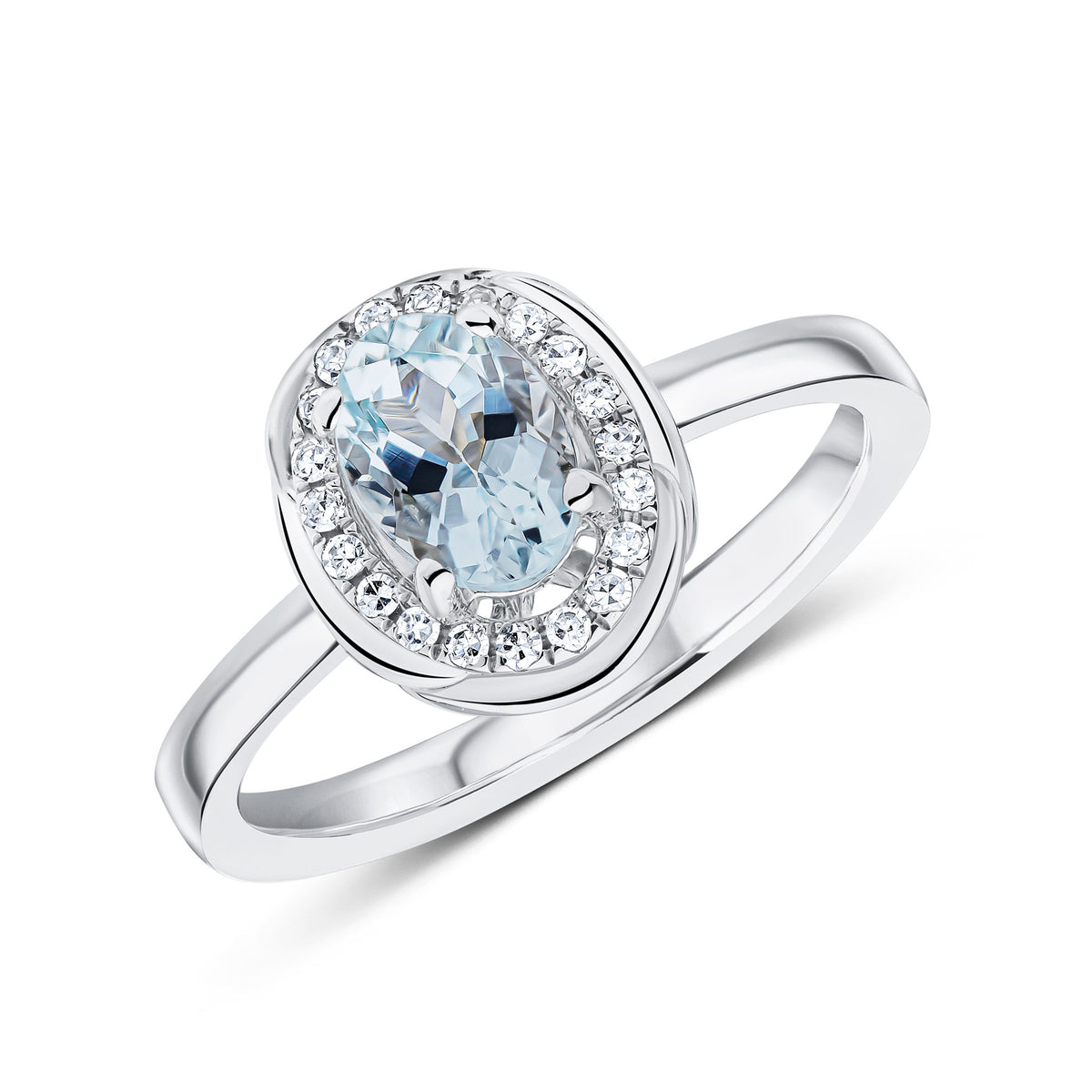 9CT WG 7X5 OVAL AQUA & DIAMOND CLUSTER RING WITH ROPE EDGE