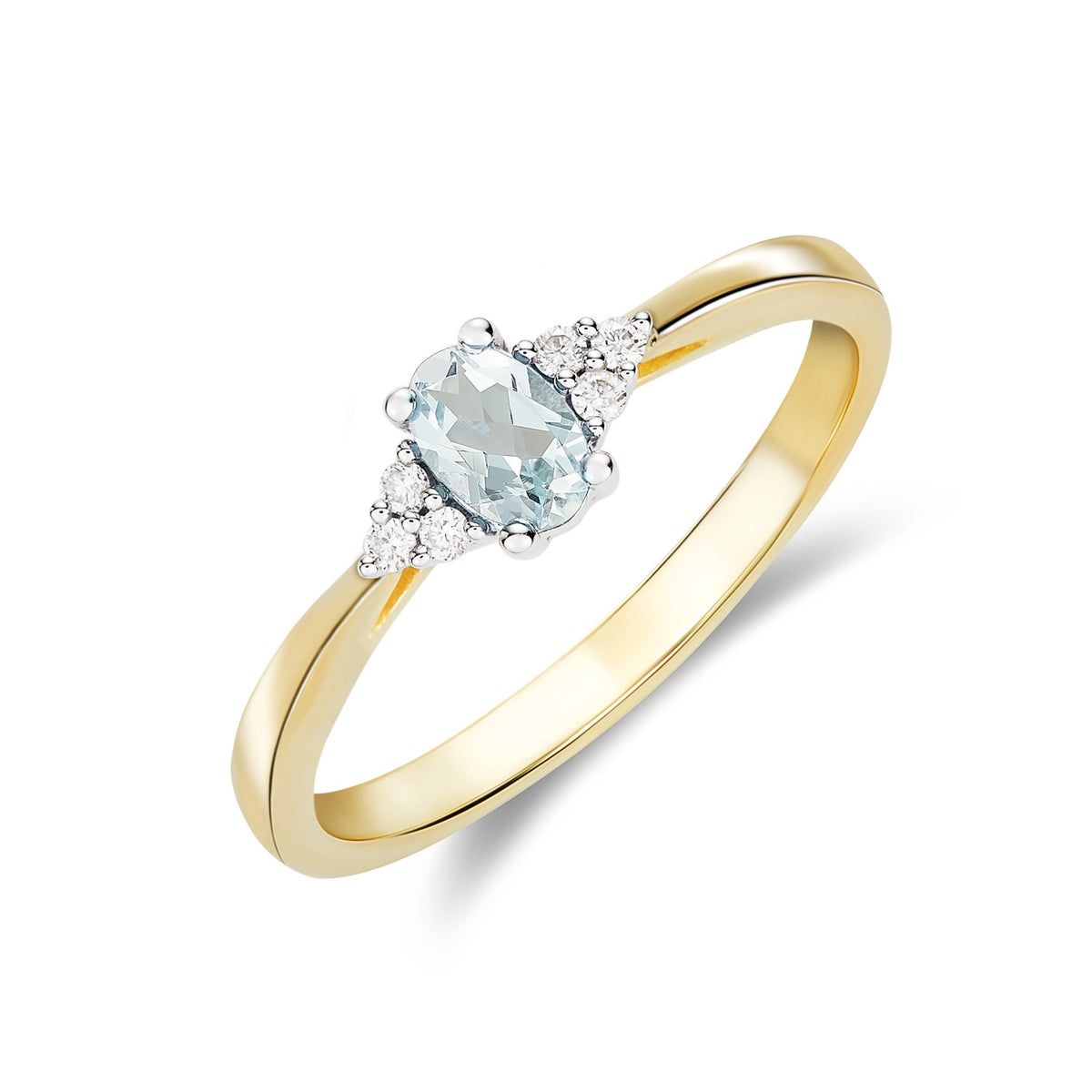 9CT YWG 6X4 OVAL AQUA & DIAMOND TREFOIL SHOULDERS CLAW SET RING