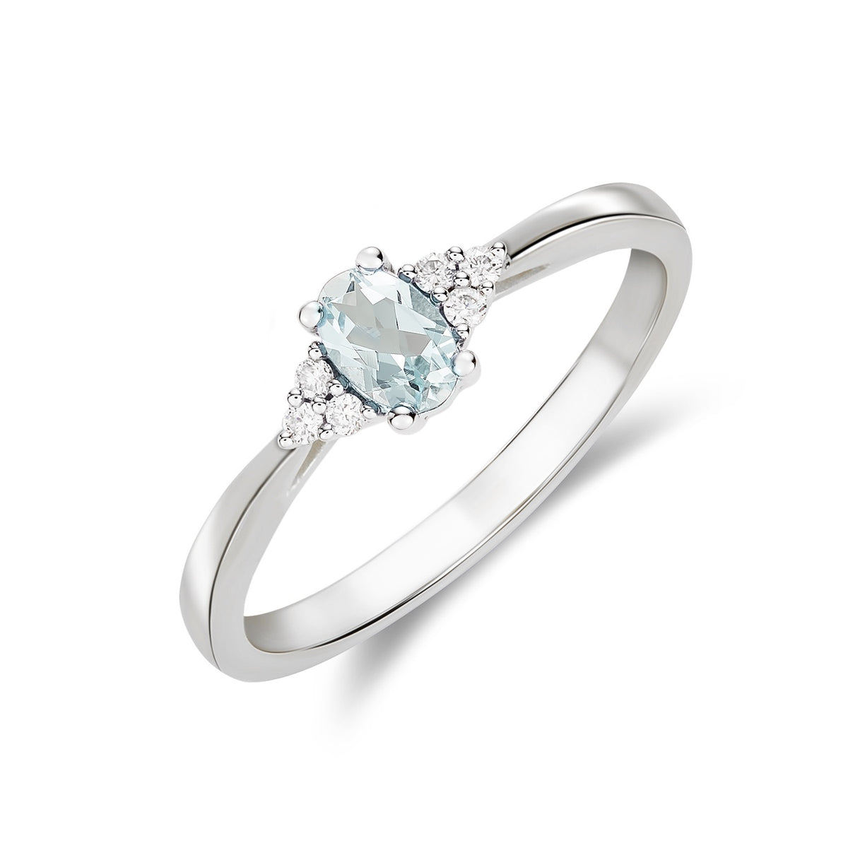 9CT WG 6X4 OVAL AQUA & DIAMOND TREFOIL SHOULDERS CLAW SET RING