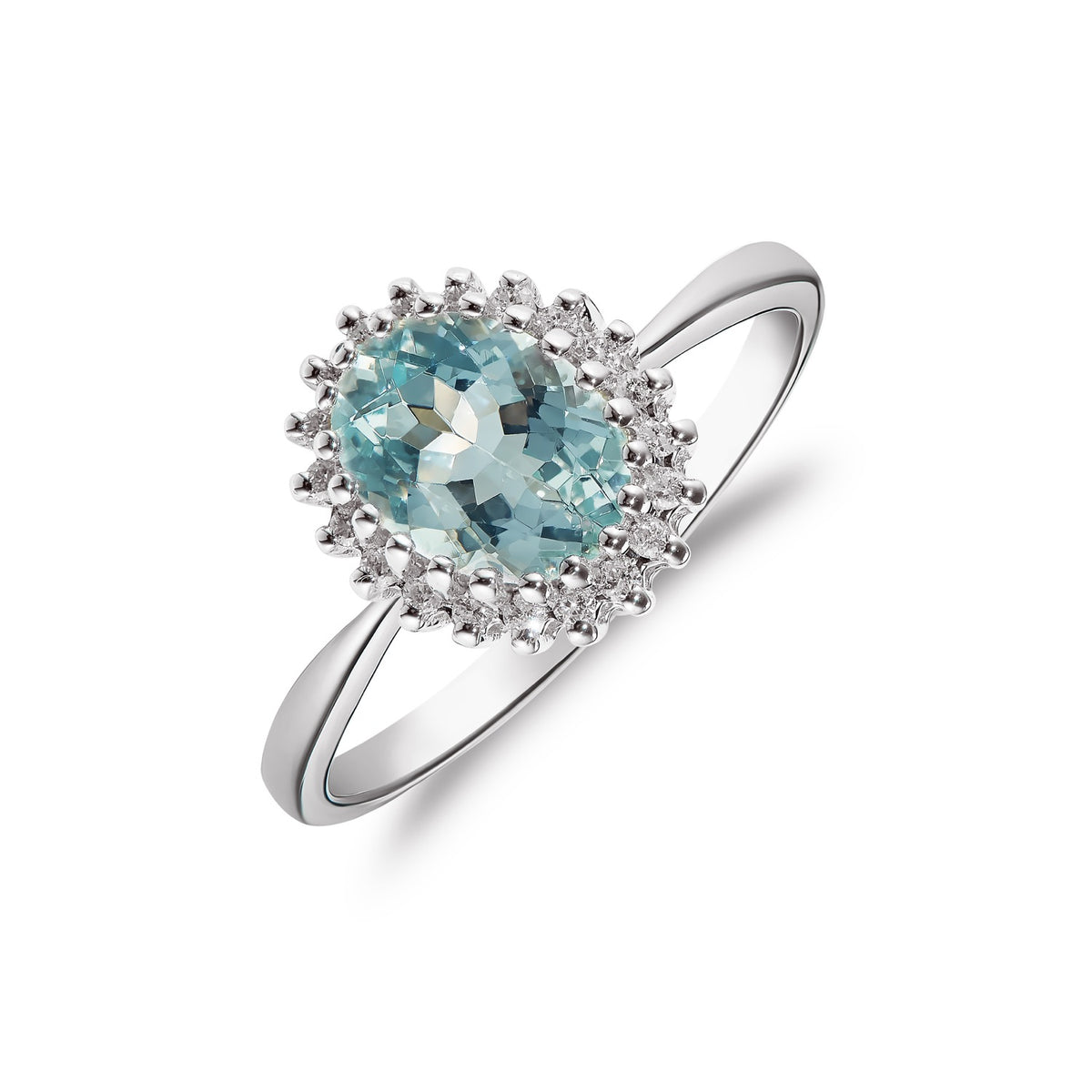 9CT WG 8X6 OVAL AQUA & DIAMOND CLUSTER CLAW SET RING