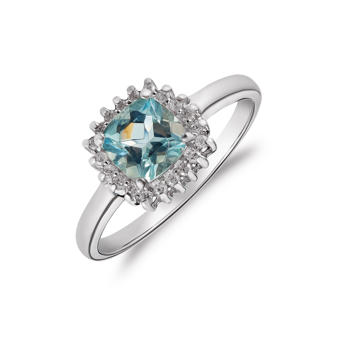9CT WG 6MM CUSHION AQUA & DIAMOND CLAW SET CLUSTER RING
