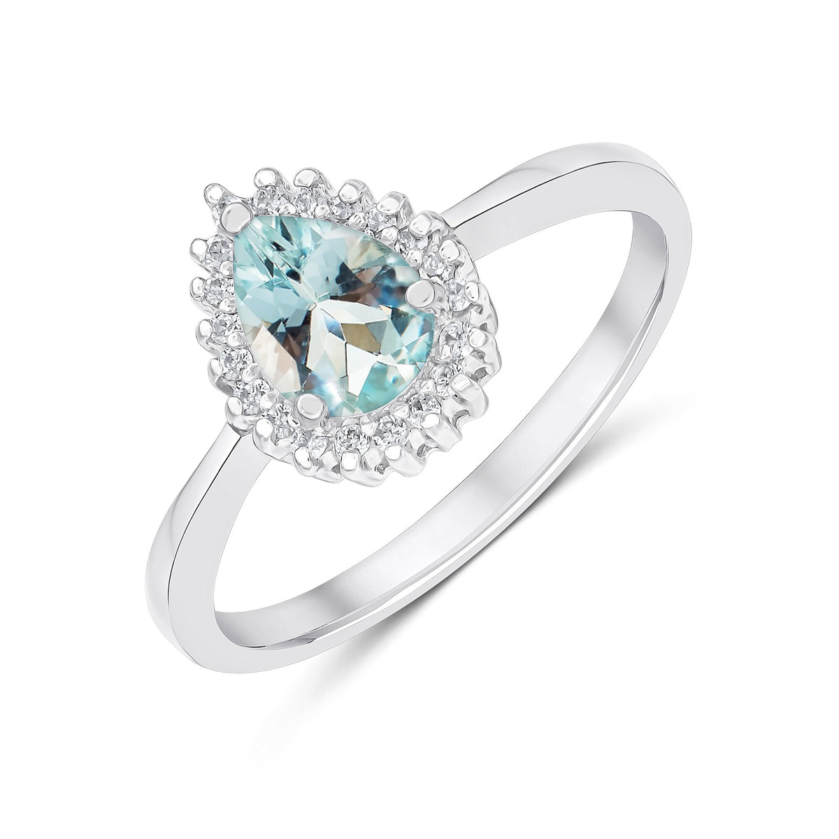 9CT WG 7X5MM PEARSHAPE AQUA & DIAMOND CLAW SET CLUSTER RING
