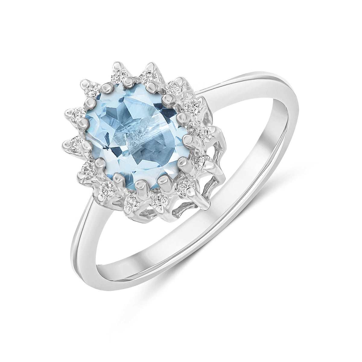 9CT WG 8X6 OVAL AQUA & DIAMOND CLAW SET CUSTER RING