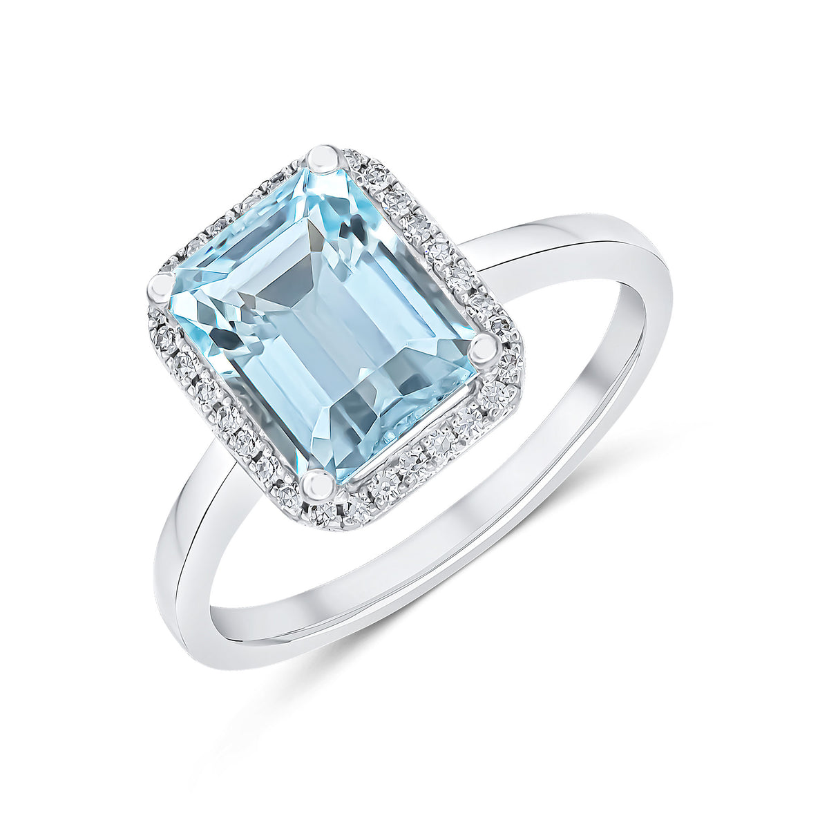 9CT WG 9X7 OCTAGON AQUAMARINE & DIAMOND CLAW SET CLUSTER RING