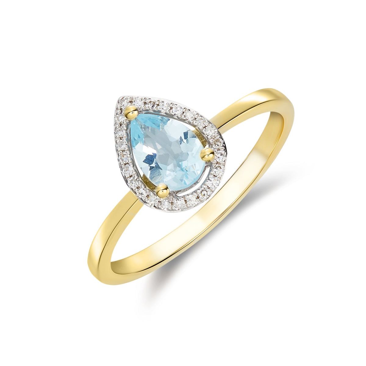 9CT YG 7X5 PEARSHAPE AQUA & DIAMOND HALO CLAW CLUSTER RING. RHODIUM TO DIAMONDS