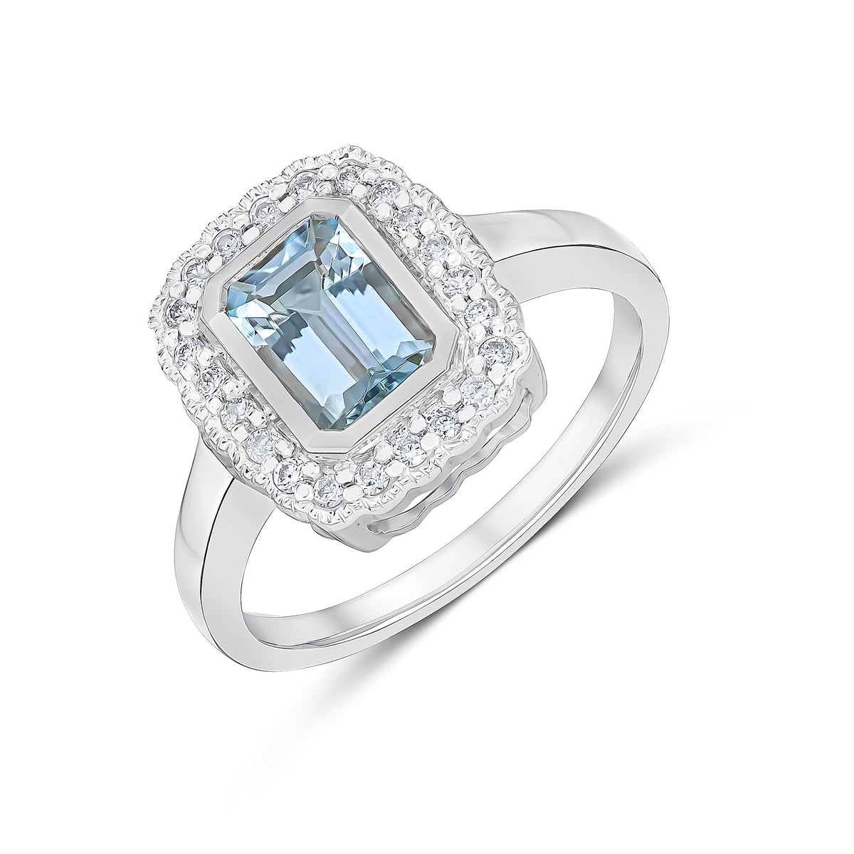 9CT WG RUBOVER 7X5 OCTAGON AQUA AND DIAMOND CLUSTER RING WITH MILLEGRAIN EDGE.