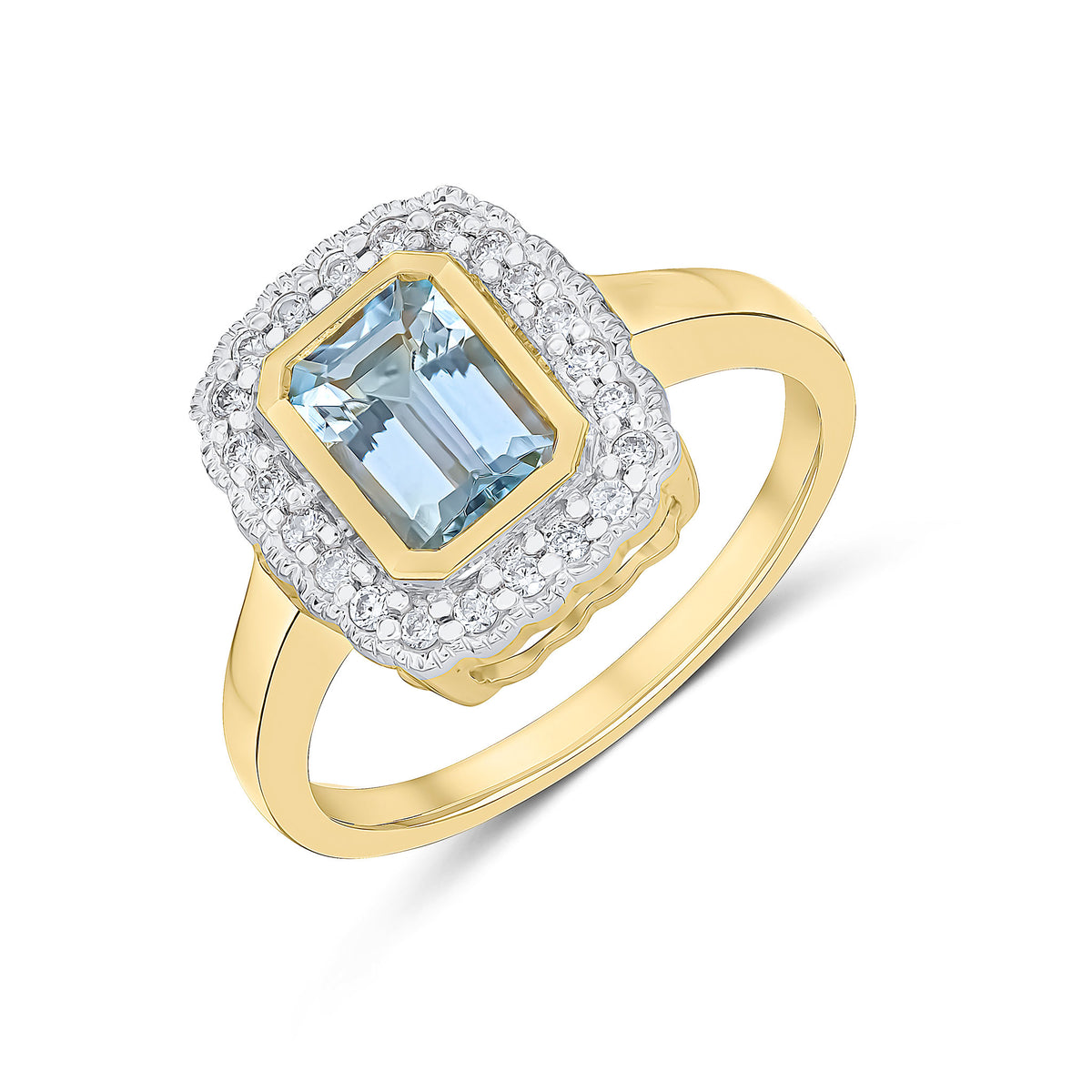 9CT YG RUBOVER 7X5 OCTAGON AQUA AND DIAMOND CLUSTER RING WITH MILLEGRAIN EDGE. RHODIUM TO DIAMONDS