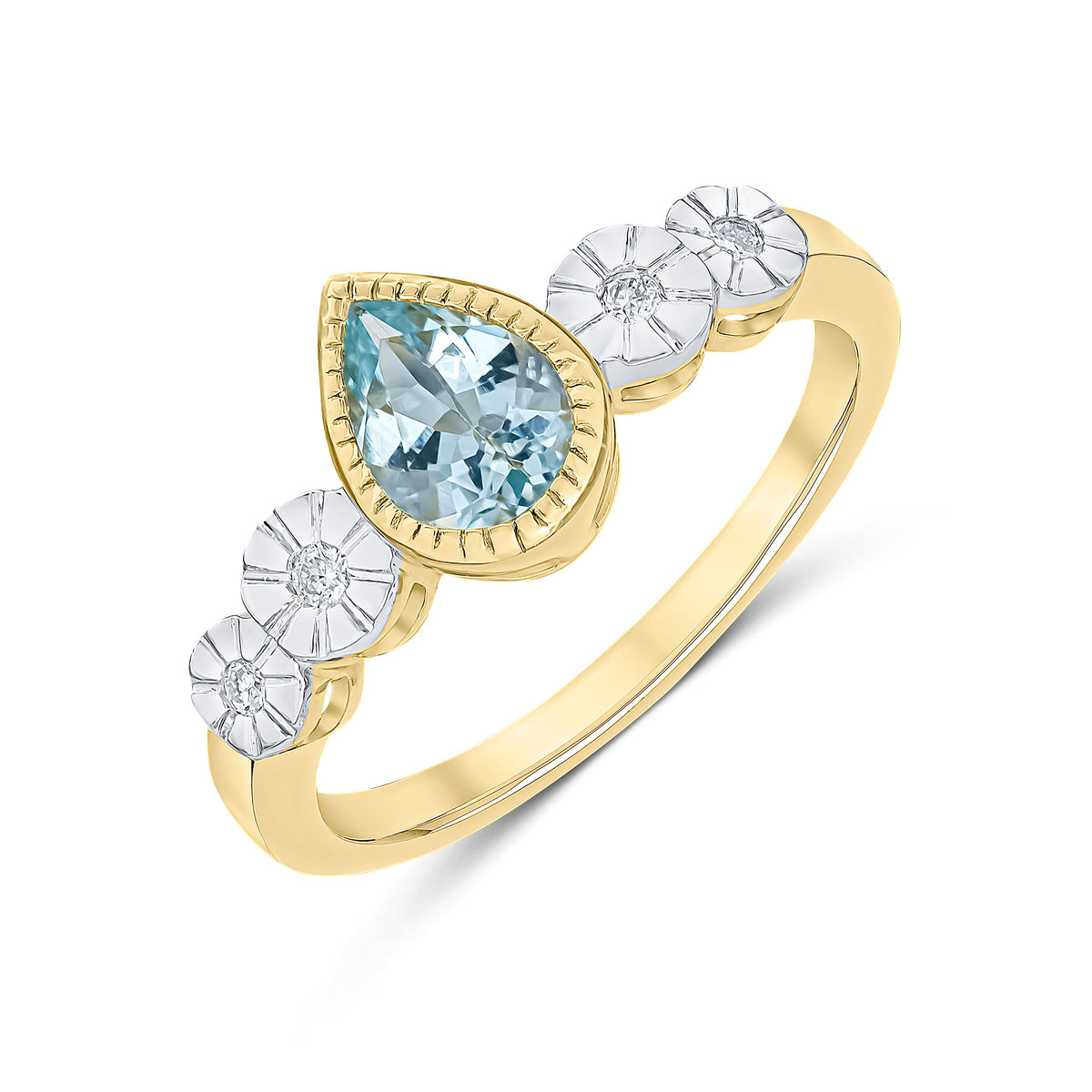 9CT YELLOW GOLD MILLEGRAIN PEARSHAPE AQUA AND ILLUSION DIAMOND 4ST SHOULDERS RING. RHODIUM TO DIAMONDS
