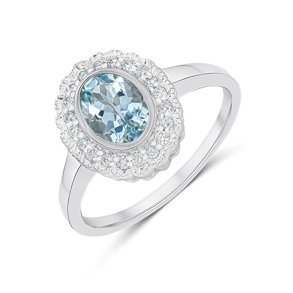 9CT WHITE GOLD RUBOVER OVAL AQUA AND MILLEGRAIN ROUND DIAMOND CLUSTER RING